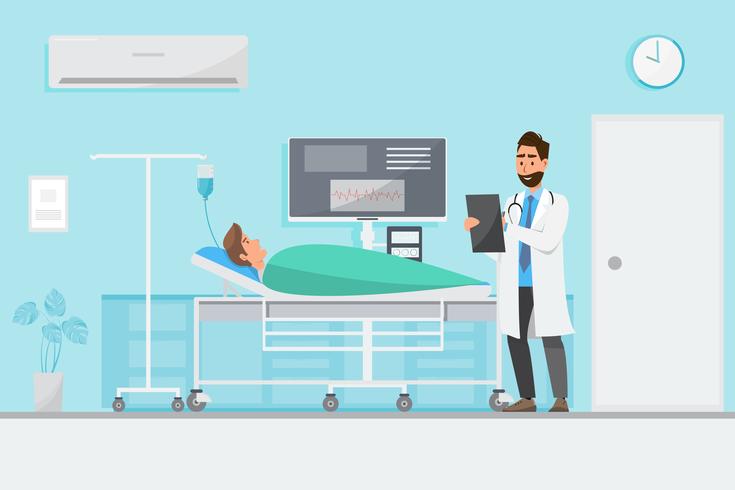 Medical concept with doctor and patient in flat cartoon on hospital hall vector