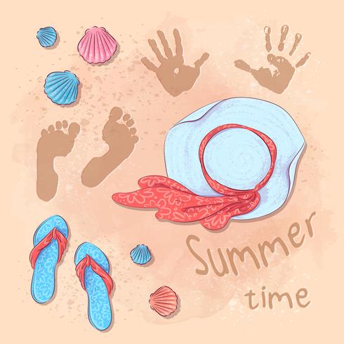 Postcard print beach summer party with a hat and slates on the sand by the sea. Hand drawing style. vector