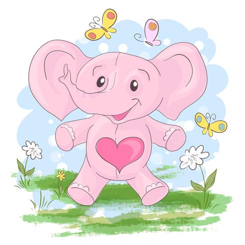 Postcard cute little elephant flowers and butterflies. Cartoon style vector