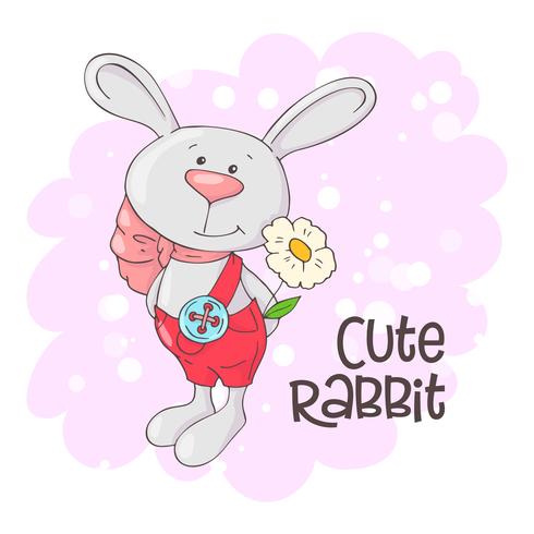 Postcard cute rabbit with flowers. Cartoon style. Vector