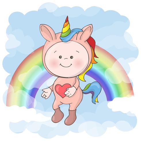 Postcard print with a cute baby in a unicorn costume. Cartoon style. vector