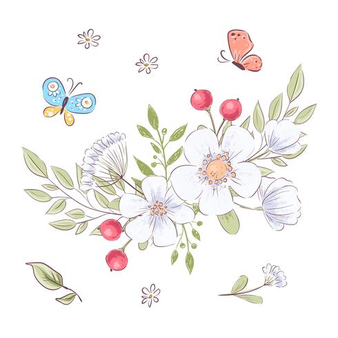 Conjunto de flores silvestres y mariposas. Dibujo a mano. Ilustración vectorial vector