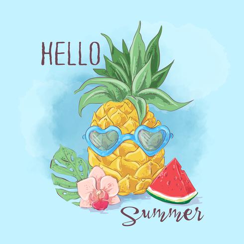 Set of cocktail ice cream and tropical fruits. Vector illustration