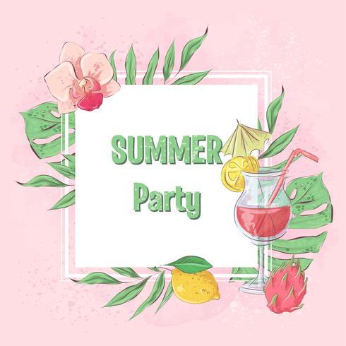 Poster cocktail ice cream and tropical fruits. Vector illustration