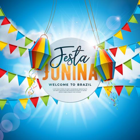 Festa Junina Illustration with Party Flags and Paper Lantern on Blue Cloudy Sky Background. Vector Brazil June Festival Design