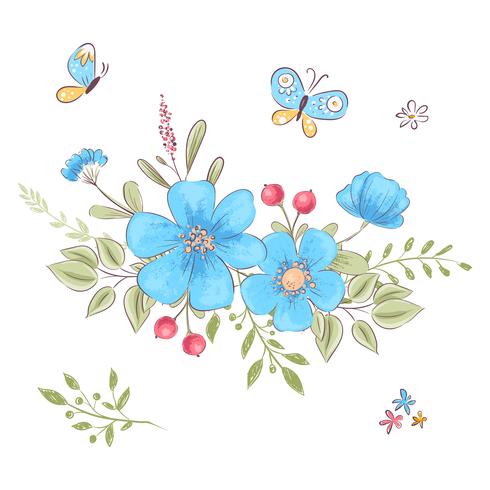 Set of wildflowers and butterflies. Hand drawing. Vector illustration