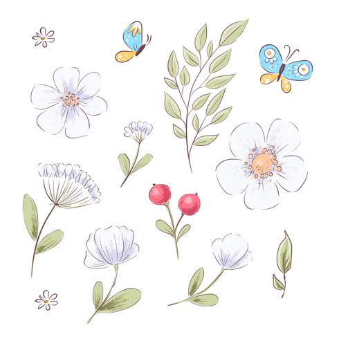 Conjunto de flores silvestres y mariposas. Dibujo a mano. Ilustración vectorial vector