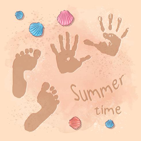 Postcard print beach summer party with footprints on the sand by the sea. Hand drawing style vector