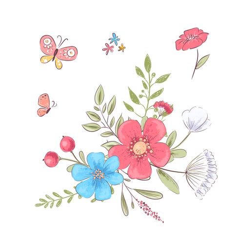 Conjunto de flores silvestres y mariposas. Dibujo a mano. Ilustración vectorial vector