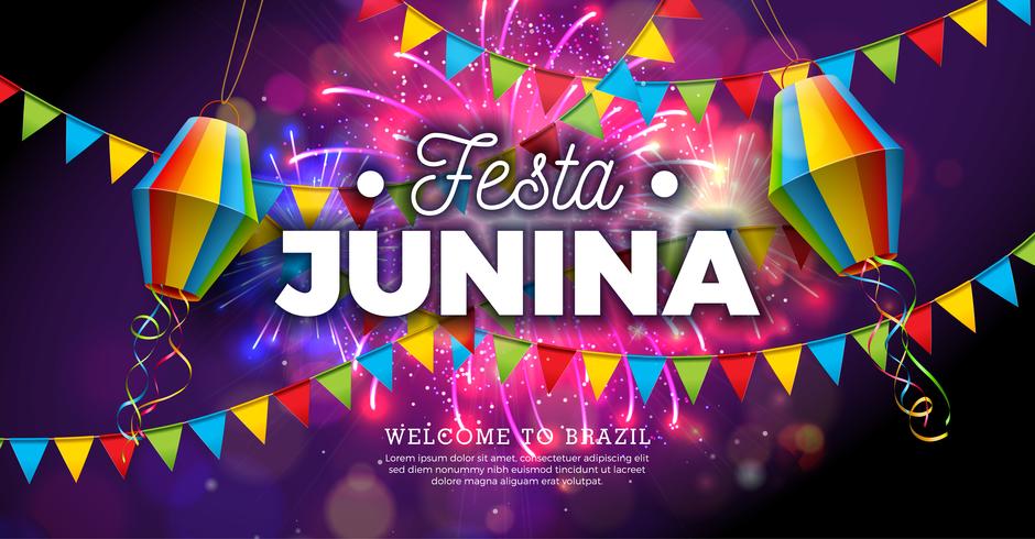 Ilustración de Festa Junina con banderas y linterna de papel sobre fondo de fuegos artificiales. Vector Brasil Junio Festival Diseño