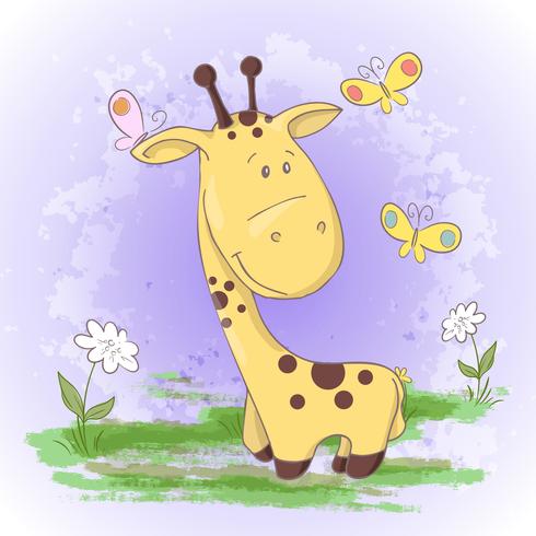 Postcard cute giraffe flowers and butterflies. Cartoon style vector