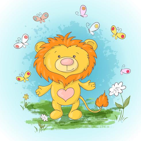 Postcard cute lion cub flowers and butterflies. Cartoon style vector