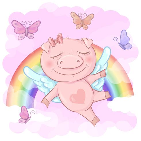 Illustration of a cute pig cartoon on a rainbow background. Vector