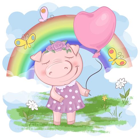 Illustration of a cute pig cartoon on a rainbow background. Vector