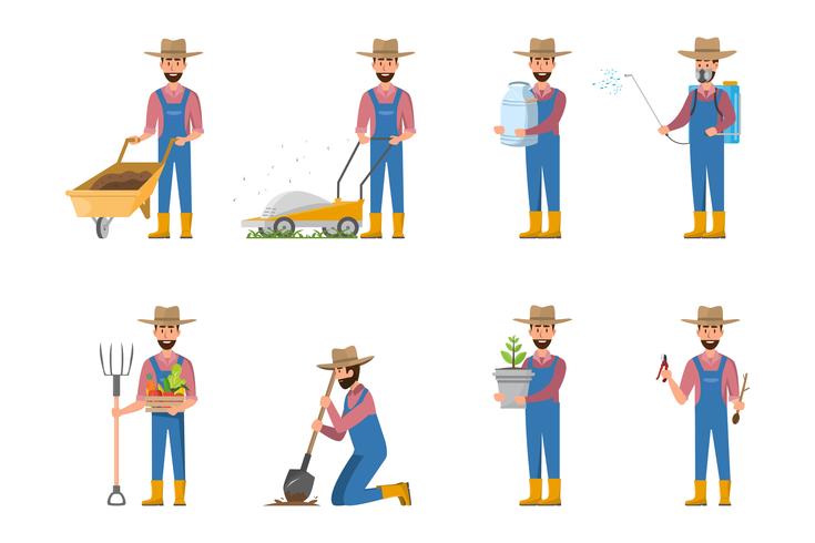 happy farmer cartoon in many characters set  vector