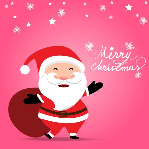 Christmas background with Santa Claus holding gifts bag on soft pastel pink color background