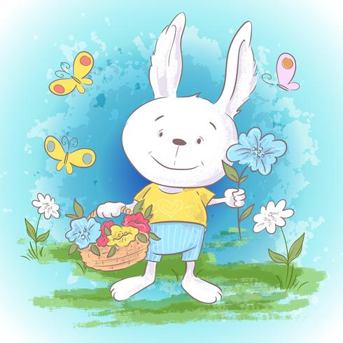 Illustration postcard cute little hare flowers and butterflies. Print on clothes and children's room vector