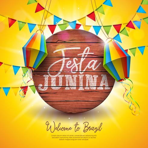 Festa Junina Illustration with Party Flags and Paper Lantern on Yellow Background. Vector Brazil June Festival Design