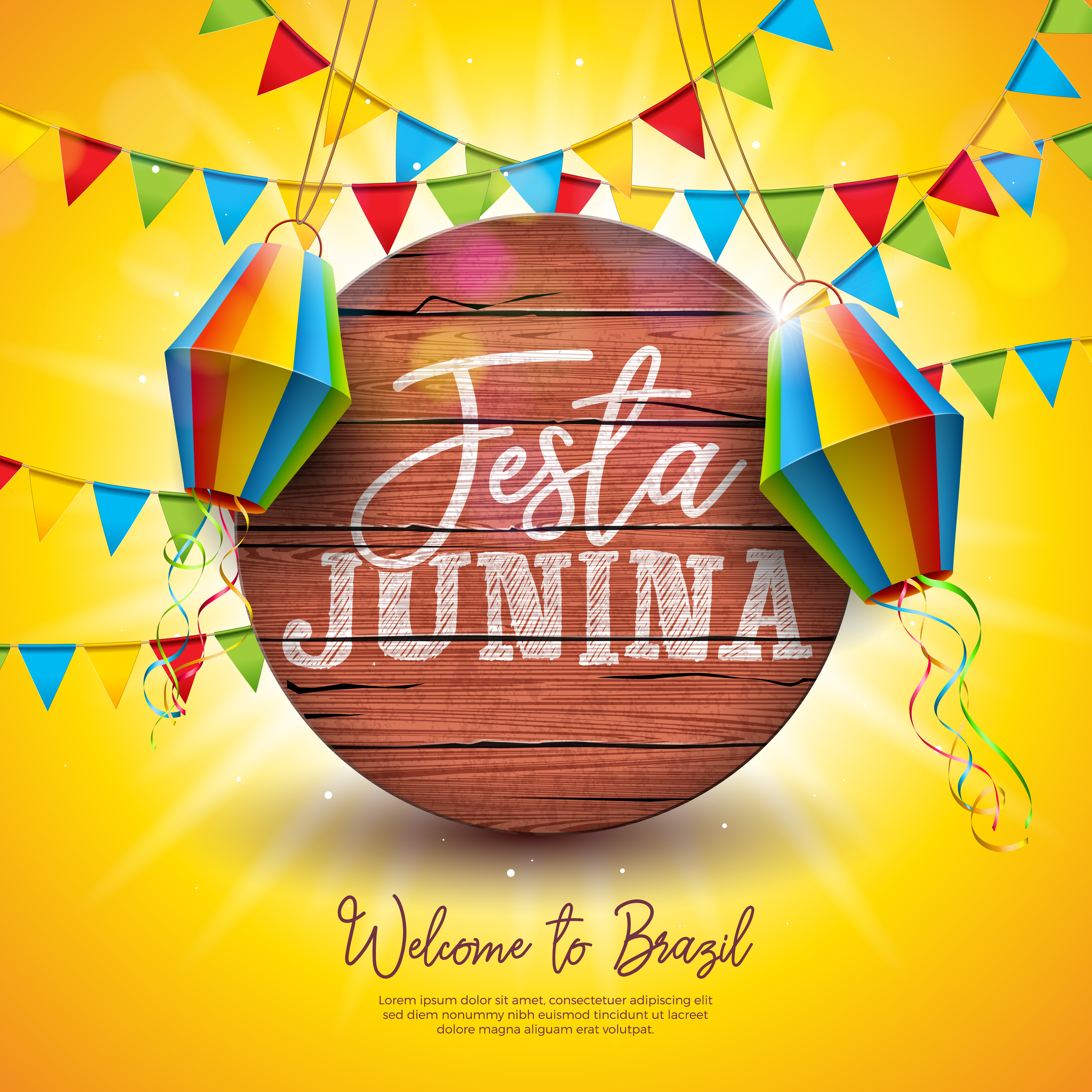 Festa Junina Illustration with Party Flags and Paper Lantern on Yellow