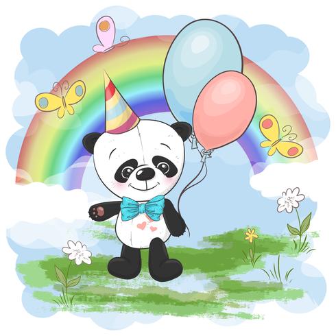 Panda linda de la postal del ejemplo pequeño con los globos en un fondo del arco iris y de nubes. Estampado en ropa y habitación infantil. vector