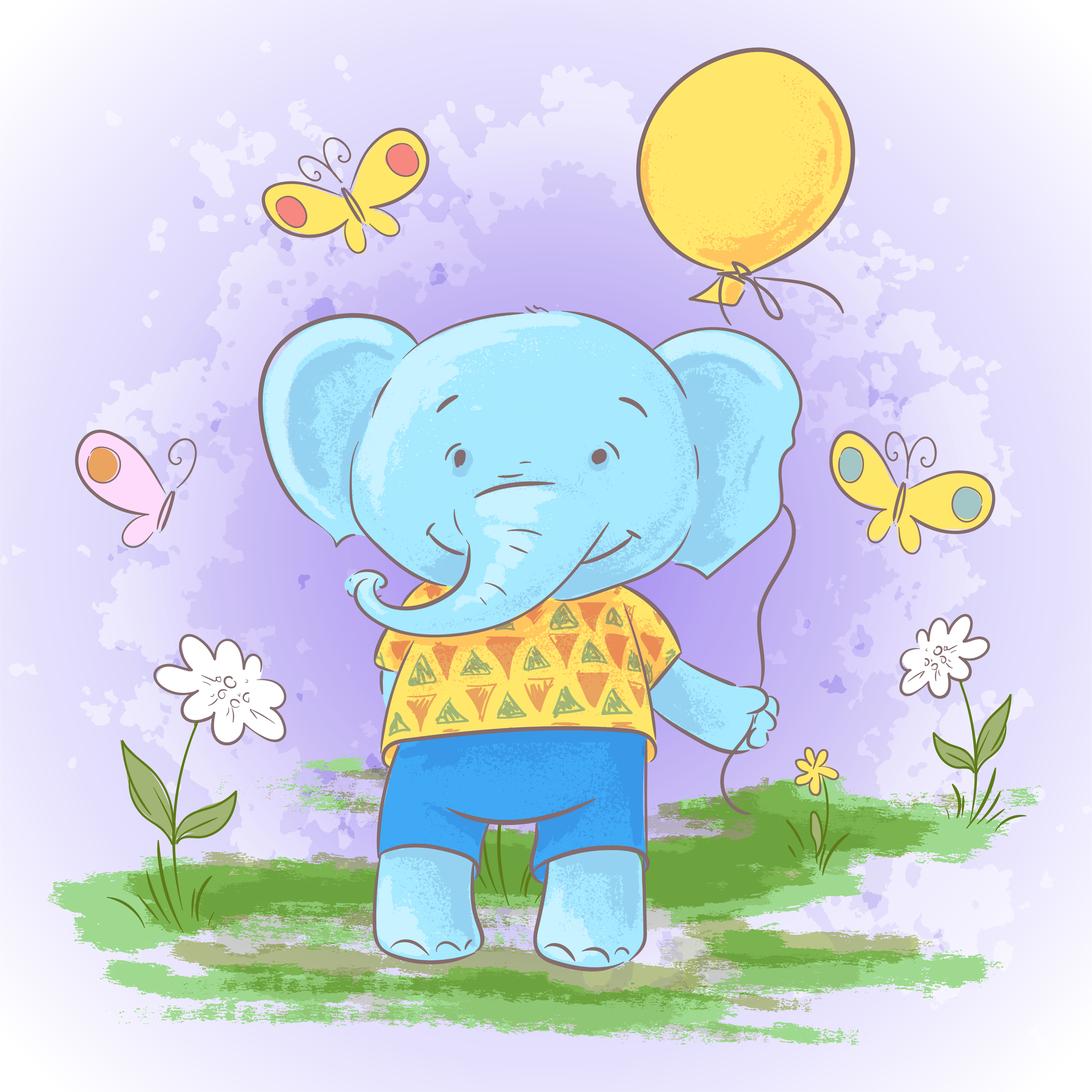 Illustration Postcard Cute Cartoon Baby Elephant With A Balloon Print