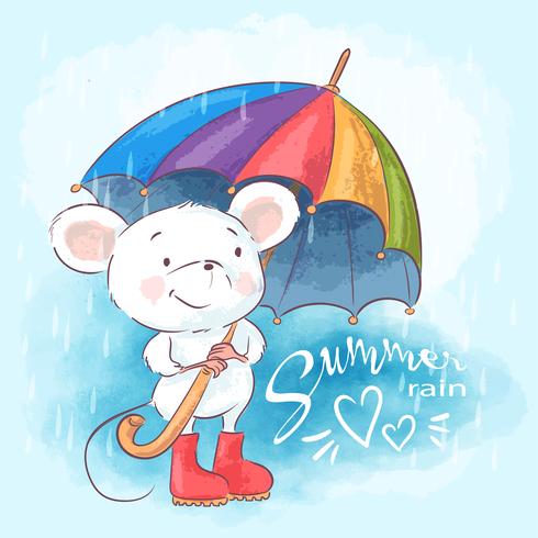 Illustration postcard cute cartoon mouse with umbrella. Print for clothes or childrens room vector