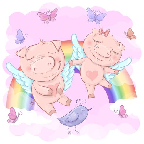Illustration of cute cartoon pigs on a rainbow background. Print for clothes or childrens room vector