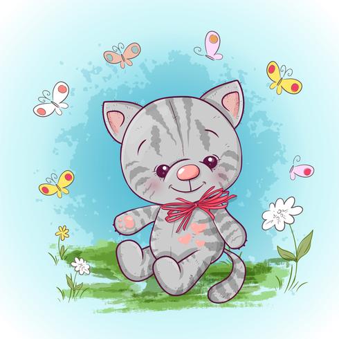 Ilustración de un lindo gato pequeño con flores y mariposas. Estampado para ropa o habitación infantil. vector