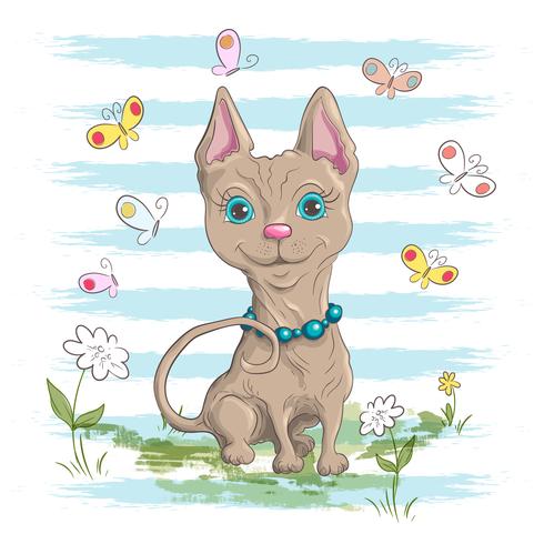 Illustration of a cute little cat with flowers and butterflies. Print for clothes or children room vector