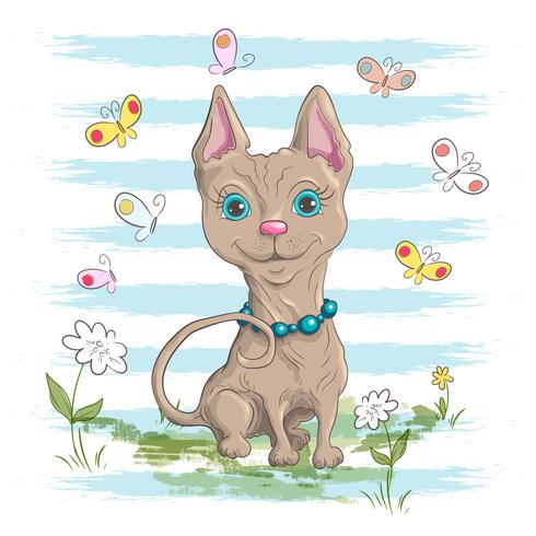 Ilustración de un lindo gato pequeño con flores y mariposas. Estampado para ropa o habitación infantil. vector