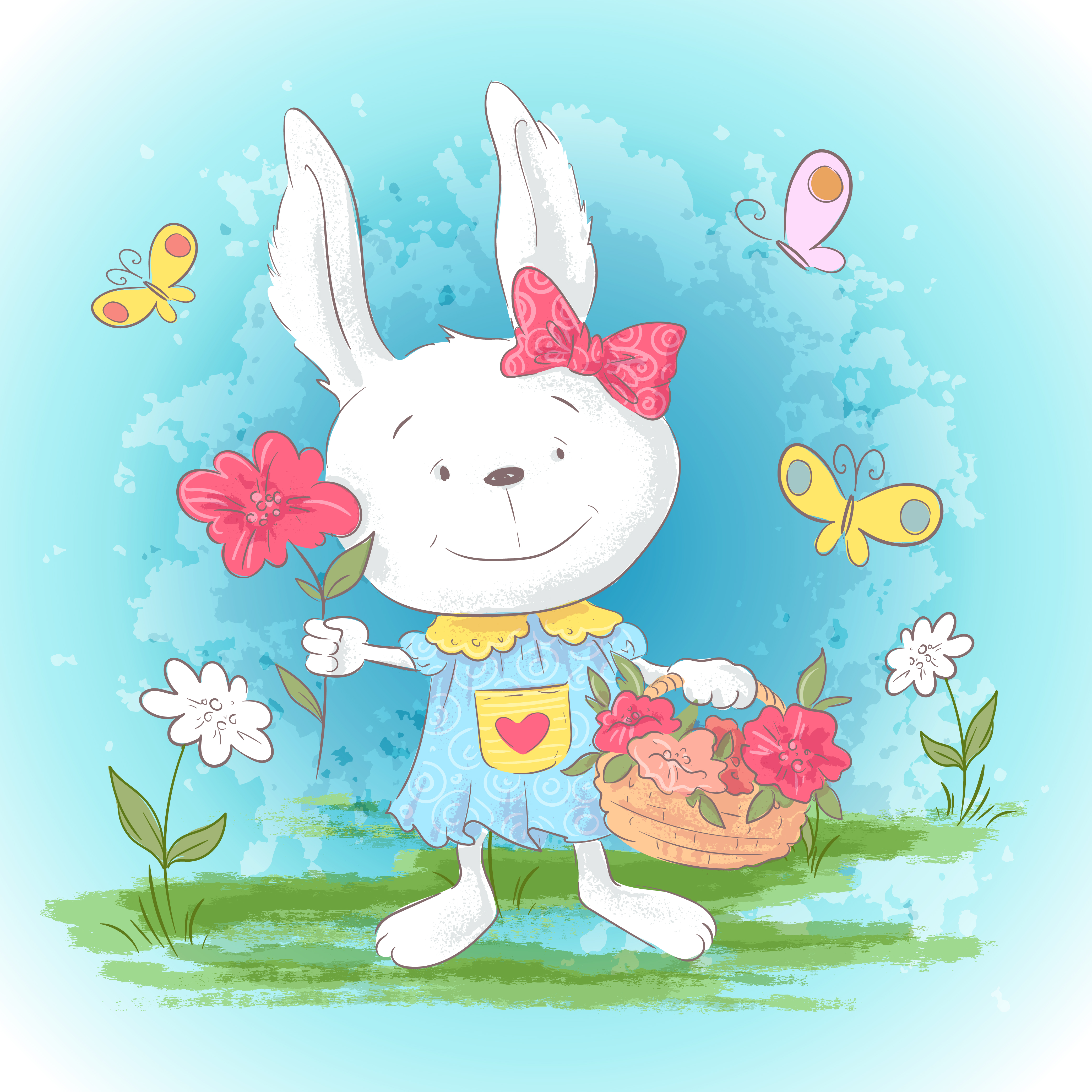 Illustration postcard cute cartoon bunny with flowers and butterflies