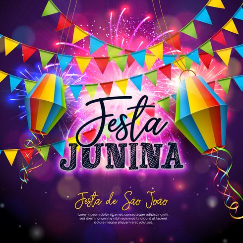 Ilustración de Festa Junina con banderas y linterna de papel sobre fondo de fuegos artificiales. Vector Brasil Junio Festival Diseño