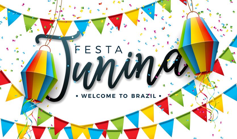 Ejemplo de Festa Junina con las banderas del partido y la linterna de papel en el fondo blanco. Vector Brasil Junio Festival Diseño