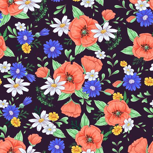 Red poppies and daisies seamless pattern. Hand drawing. Vector illustration