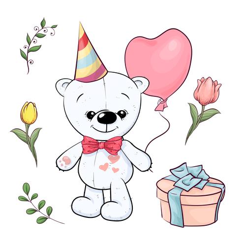 Conjunto de pequeño oso de peluche blanco y flores. Dibujo a mano. Ilustración vectorial vector