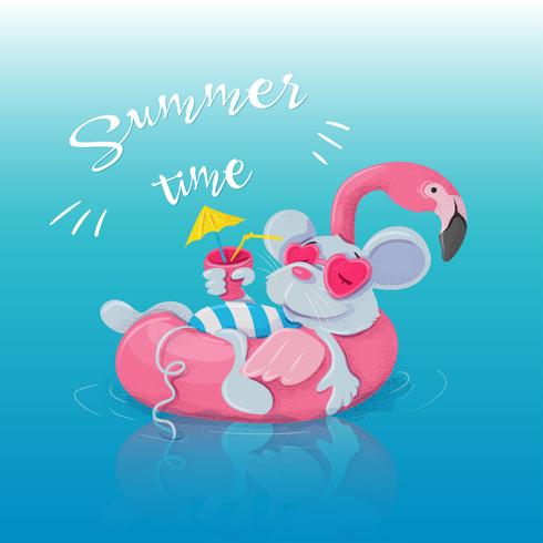 Inflatable circle in the form of a flamingo and a mouse resting on it with a cocktail. Postcard for summer holiday vacations, pool party. vector