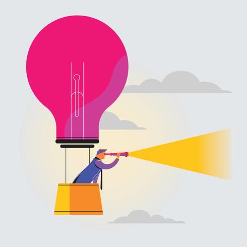 Businessman Looking Market With Binocular On  Hot Air Balloon with bulb visual -  Marketing Concept vector