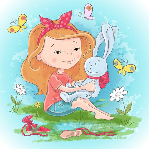 Postcard girl with a toy hare and butterflies. Hand drawing vector illustration