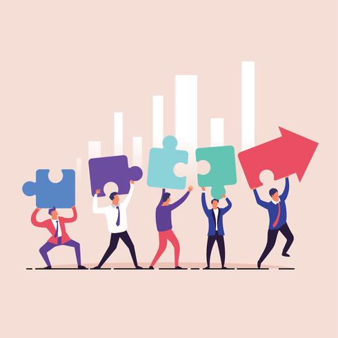 Business Team Building a Puzzle Arrow Graph for Success Concept vector