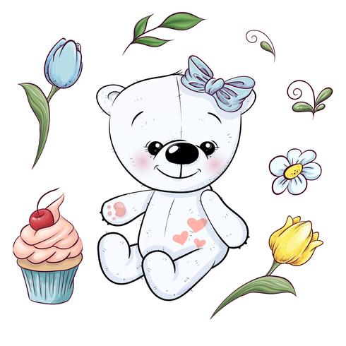 Set of little white teddy bear and flowers. Hand drawing. Vector illustration