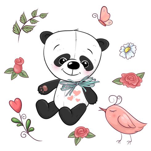 Conjunto de pequeño panda y flores. Dibujo a mano. Ilustración vectorial vector