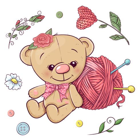 A set of teddy bear and yarn for knitting. Hand drawing. Vector illustration
