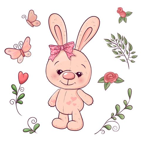 Set of little bunny and flowers. Hand drawing. Vector illustration