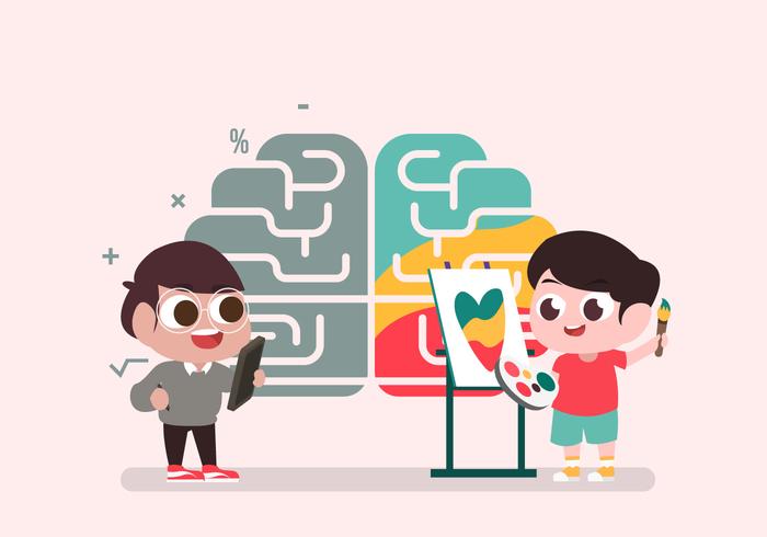 Lindo personaje en hemisferios del cerebro humano ilustración vectorial vector