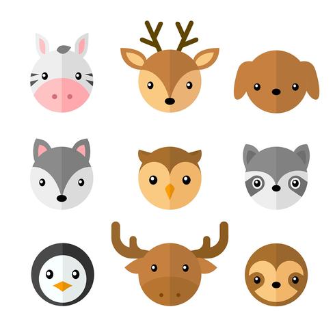 Animal Simple Cartoon Faces Set