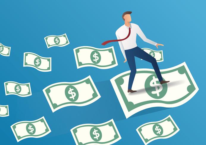 businessman fly on money bills vector illustration
