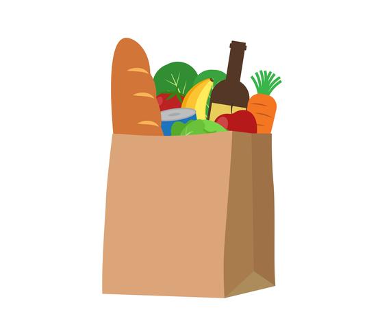 Productos frescos de alimentos y bebidas en una bolsa de papel - ilustración vectorial vector