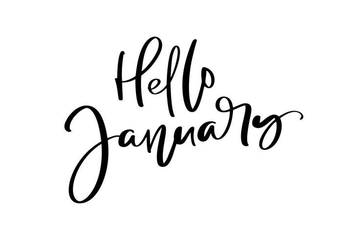 Hello Hand drawn lettering phrase January. Ink brush lettering for winter invitation card for calendar. Handwritten phrase for banner, flyer, greeting card vector