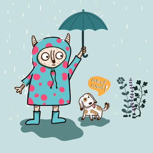 cute-looking monster is holding an umbrella for the dog in the outdoor while heavy rain vector