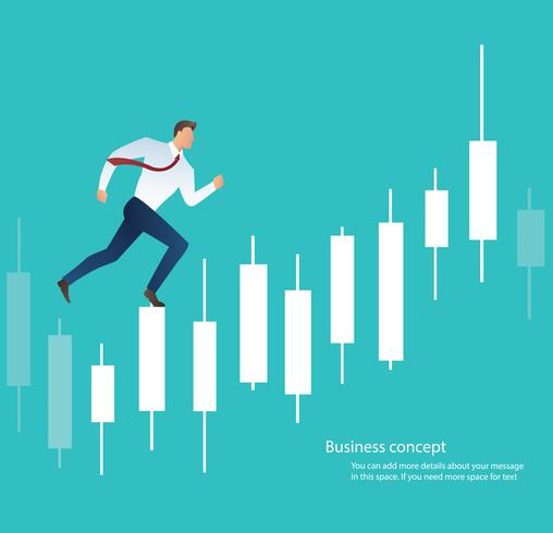 Businessman running with candlestick chart background, concept of stock market, vector illustration  